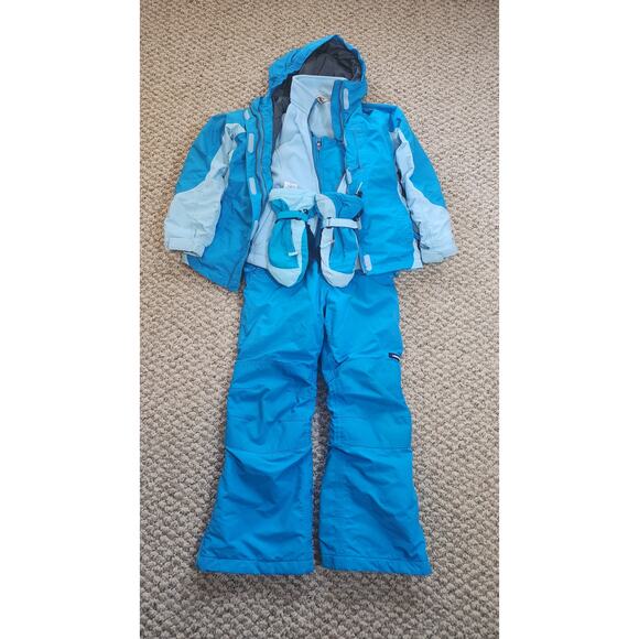 Lands End Kid's Blue Bib Snow Pants, Coat, Fleece and Gloves Size 7-8 - Picture 1 of 15
